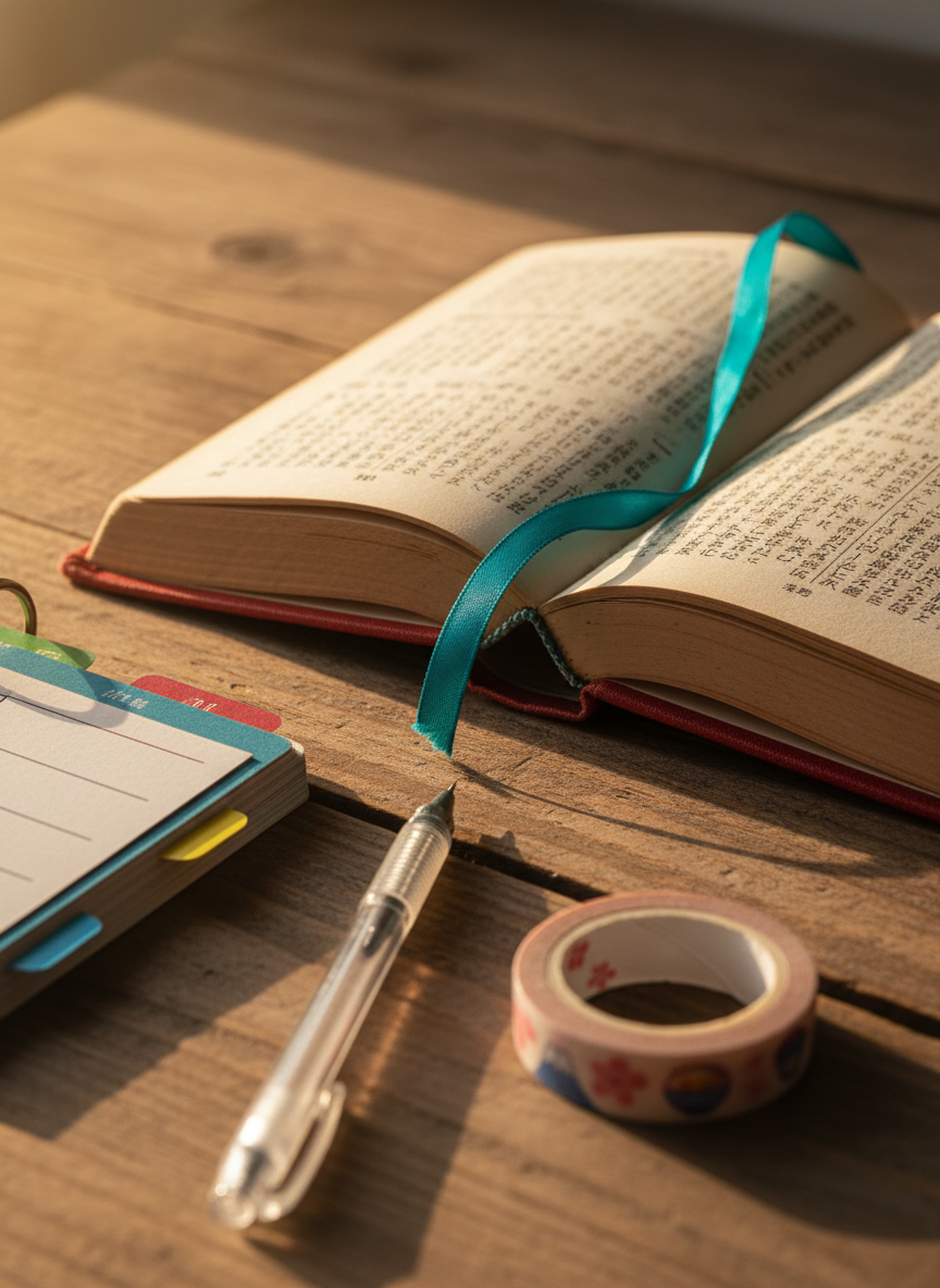 A close-up of a worn but well-loved Japanese pocket dictionary with a textured, slightly frayed cloth cover in muted red, resting open on a wooden table. Its thin, slightly yellowed pages are densely packed with tiny kanji and furigana, and a bright teal ribbon bookmark peeks out. Around it, a ring-bound vocabulary deck with color-coded tabs, a mechanical pencil with translucent barrel, and a roll of illustrated Japanese-themed washi tape create a playful study nest. Warm golden hour light slants across the table, catching the page edges and casting long, cozy shadows. Photographic realism, shot from a low, intimate angle with shallow depth of field, conveying nostalgia, dedication, and the craft of slowly building Japanese vocabulary.