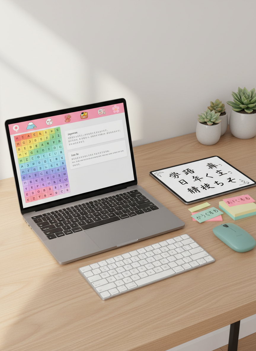 A tidy digital workspace featuring a slim silver laptop on a light oak table, the screen displaying a colorful Japanese learning app with hiragana charts, example sentences, and playful iconography. Next to the laptop lies a tablet showing handwritten kanji practice, and a wireless keyboard with Japanese layout symbols clearly visible on the keys. A small stack of sticky notes with neatly written kana and doodled arrows fans out beside a mint-green wireless mouse. Soft, diffused afternoon light from an unseen side window casts even illumination, with subtle reflections on the laptop’s metallic surface. Photographic realism, eye-level composition with clean lines and generous negative space, creating a modern, organized, and slightly playful mood that encourages focused digital Japanese learning.