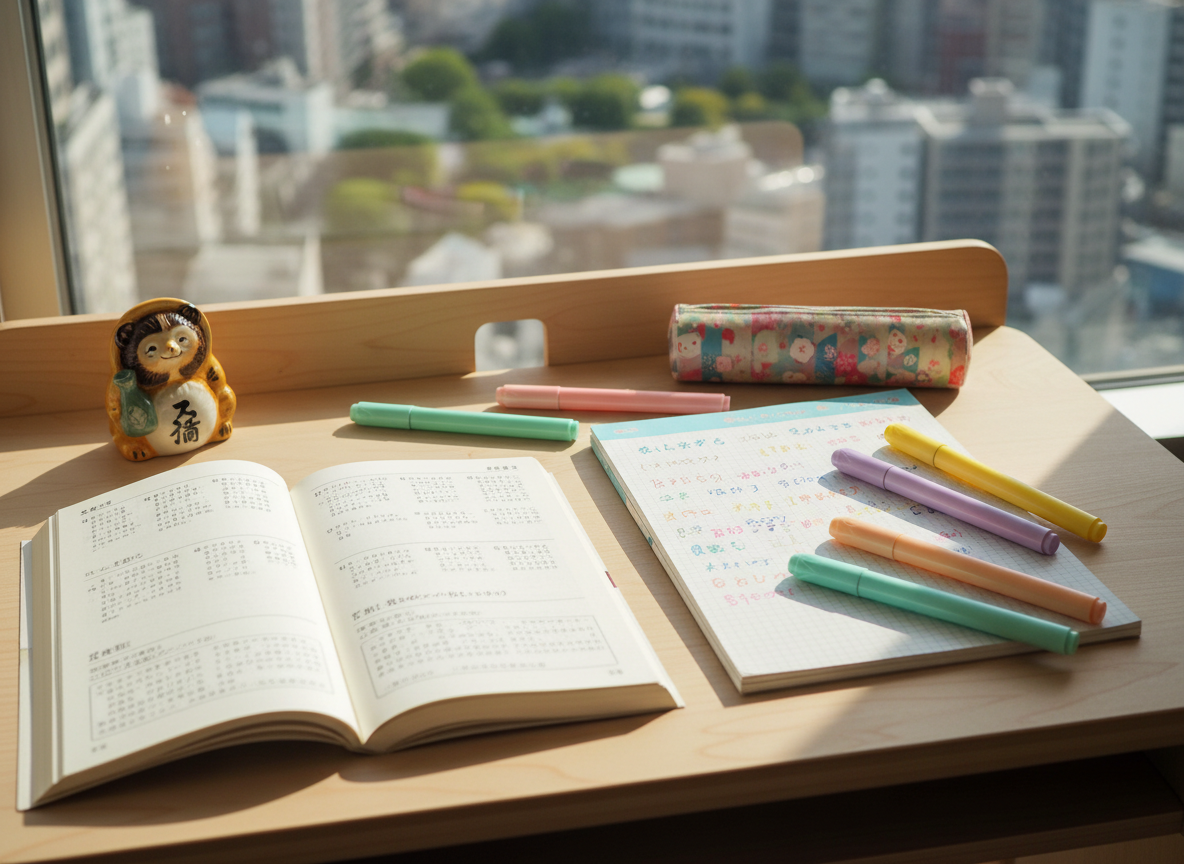 A compact wooden study desk with a pale birch finish, its surface neatly arranged with an open Japanese textbook showing crisp black kanji and kana on cream-colored pages, a dotted-grid notebook filled with colorful handwritten vocabulary, and a set of pastel highlighters scattered playfully. A small ceramic tanuki figurine and a washi-tape decorated pencil case add a whimsical touch. The desk sits beside a large window overlooking a softly blurred cityscape. Late-morning natural light spills across the desk, creating gentle highlights on the glossy book pages and soft shadows from the stationery. Photographic realism, shot from a slightly elevated angle with shallow depth of field and a bright, playful atmosphere, emphasizing curiosity and the joy of self-guided Japanese study.