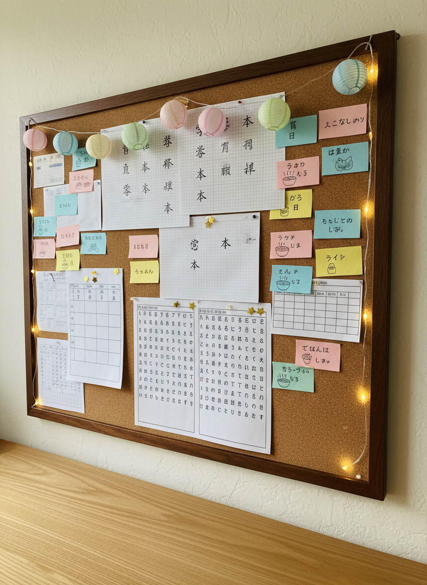 A small corkboard mounted above a desk, filled with pinned Japanese learning artifacts: handwritten kanji practice sheets, colorful vocabulary flashcards with doodled mnemonics, printed hiragana and katakana charts, and a neatly printed weekly study schedule decorated with tiny star stickers. A string of miniature paper lanterns in pastel colors drapes loosely across the top of the board. Soft, warm LED fairy lights wrapped around the corkboard frame emit a cozy glow, mixing with faint ambient room light and casting delicate shadows of paper edges. Photographic realism, shot at a slight angle to reveal depth and overlapping layers of paper, creating an inviting, playful atmosphere that celebrates the ongoing process of learning Japanese.