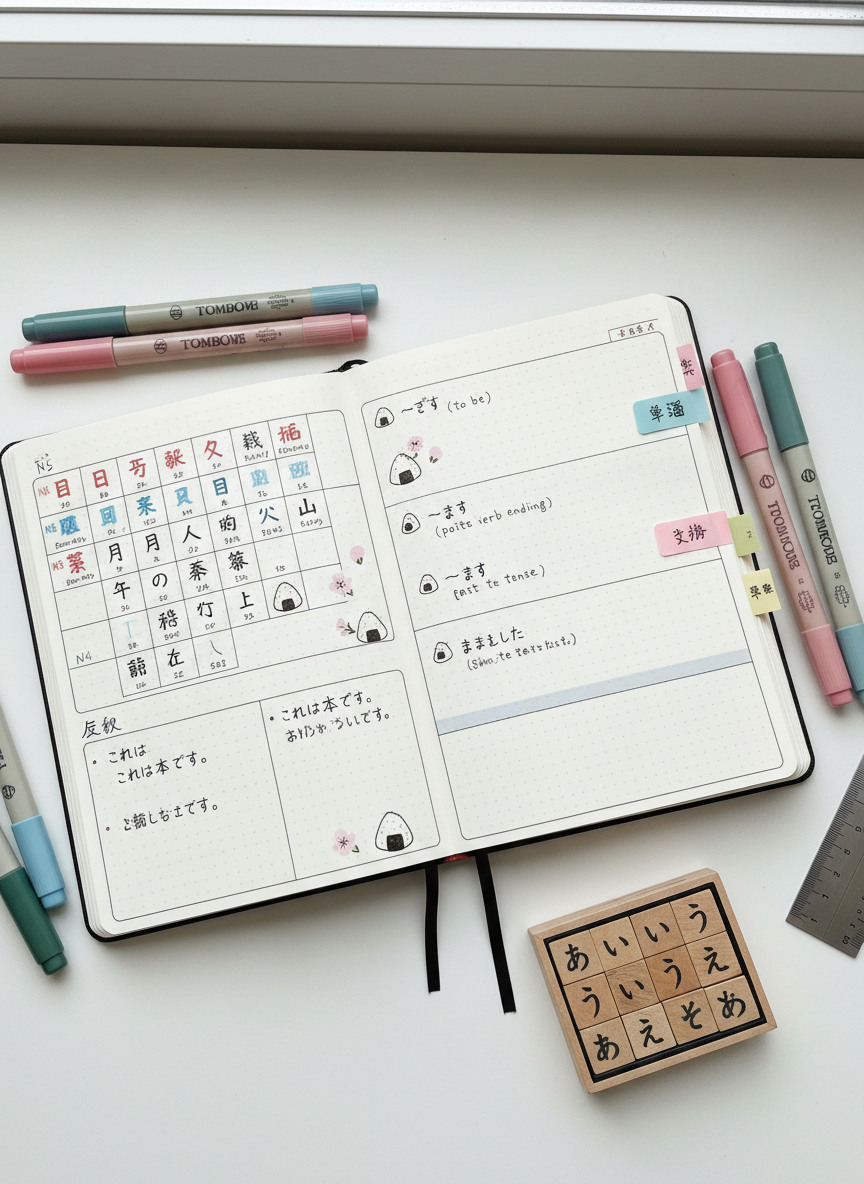 An overhead view of a bullet journal-style Japanese learning log opened across a white desk, its dotted pages filled with meticulously organized sections: color-coded kanji boxes, handwritten example sentences, miniature doodles of onigiri and sakura blossoms, and neatly labeled grammar points. Sticky tabs in pastel pink, blue, and yellow protrude from the journal’s edges. Surrounding it are brush pens, a slim ruler, and a compact ink stamp set with tiny hiragana characters. Soft overcast daylight filters in from above, creating gentle, even lighting that minimizes harsh shadows. Photographic realism with crisp focus across the frame and a bright, playful mood, emphasizing creativity, structure, and the personal craft of tracking Japanese learning progress.